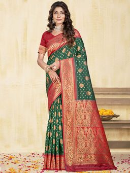 Sangam Prints - Dark Green Silk Woven Zari Work Traditional Saree with Unstitched Blouse