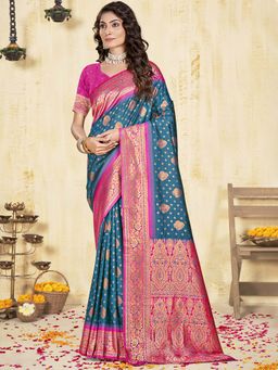 Sangam Prints - Navy Blue Silk Woven Zari Work Traditional Saree with Unstitched Blouse