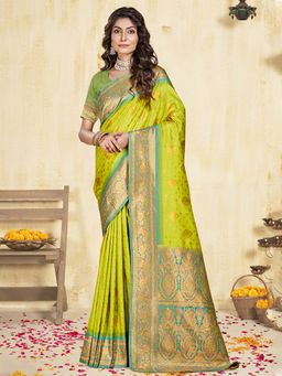 Sangam Prints - Parrot Green Silk Woven Zari Work Traditional Saree with Unstitched Blouse