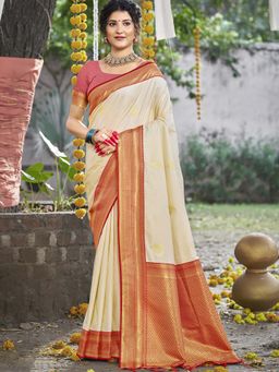 Sangam Prints - Cream Silk Woven Work Traditional Saree with Unstitched Blouse