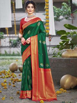 Sangam Prints - Dark Green Silk Woven Work Traditional Saree with Unstitched Blouse
