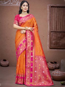 Sangam Prints - Orange Silk Traditional Woven Zari Work Saree with Unstitched Blouse