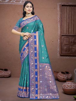 Sangam Prints - Sky Blue Silk Traditional Woven Zari Work Saree with Unstitched Blouse