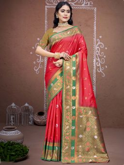 Sangam Prints - Red Silk Traditional Woven Zari Work Saree with Unstitched Blouse