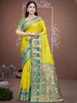 Sangam Prints - Parrot Green Silk Traditional Woven Zari Work Saree with Unstitched Blouse