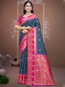 Sangam Prints - Navy Blue Silk Traditional Woven Zari Work Saree with Unstitched Blouse