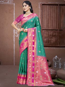 Sangam Prints - Teal Silk Traditional Woven Zari Work Saree with Unstitched Blouse