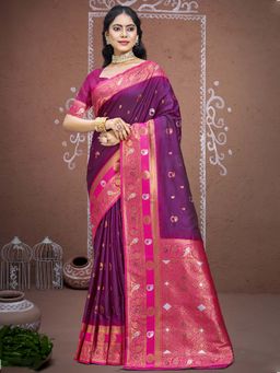 Sangam Prints - Wine Silk Traditional Woven Zari Work Saree with Unstitched Blouse