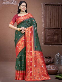 Sangam Prints - Bottle Green Silk Traditional Woven Zari Work Saree with Unstitched Blouse