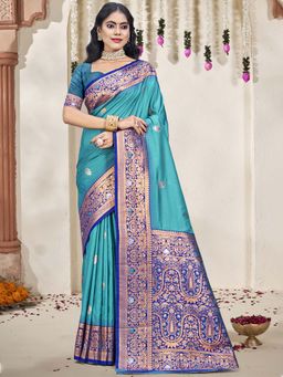 Sangam Prints - Sky Blue Silk Woven Zari Work Traditional Saree with Unstitched Blouse