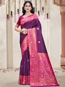 Sangam Prints - Wine Silk Woven Zari Work Traditional Saree with Unstitched Blouse