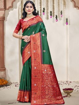 Sangam Prints - Bottle Green Silk Woven Zari Work Traditional Saree with Unstitched Blouse