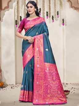 Sangam Prints - Navy Blue Silk Woven Zari Work Traditional Saree with Unstitched Blouse