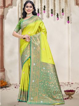 Sangam Prints - Parrot Green Silk Woven Zari Work Traditional Saree with Unstitched Blouse