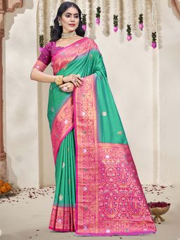 Sangam Prints - Teal Silk Woven Zari Work Traditional Saree with Unstitched Blouse