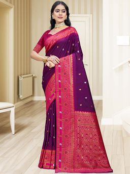 Sangam Prints - Wine Silk Woven Zari Work Handloom Saree with Unstitched Blouse