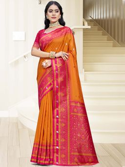 Sangam Prints - Orange Silk Woven Zari Work Handloom Saree with Unstitched Blouse