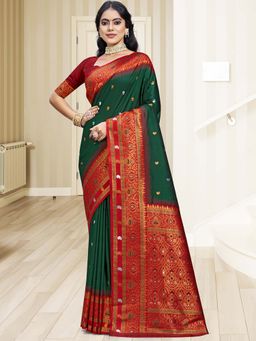 Sangam Prints - Bottle Green Silk Woven Zari Work Handloom Saree with Unstitched Blouse