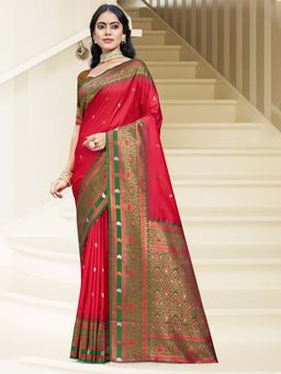 Sangam Prints - Dark Pink Silk Woven Zari Work Handloom Saree with Unstitched Blouse