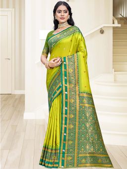 Sangam Prints - Parrot Green Silk Woven Zari Work Handloom Saree with Unstitched Blouse