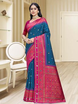 Sangam Prints - Navy Blue Silk Woven Zari Work Handloom Saree with Unstitched Blouse