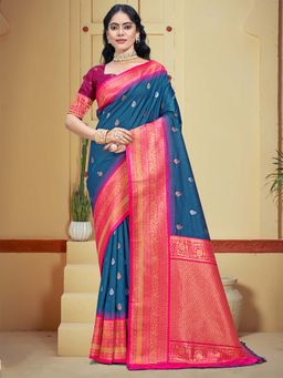 Sangam Prints - Navy Blue Silk Woven Zari Work Traditional Saree with Unstitched Blouse