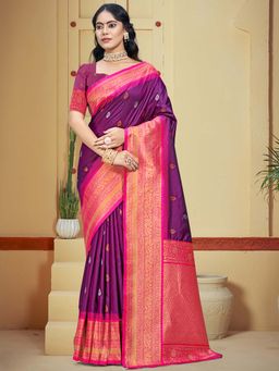 Sangam Prints - Wine Silk Woven Zari Work Traditional Saree with Unstitched Blouse