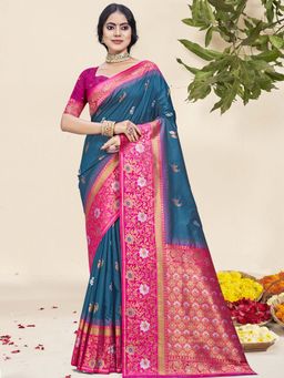 Sangam Prints - Navy Blue Silk Floral Woven Work Traditional Saree with Unstitched Blouse