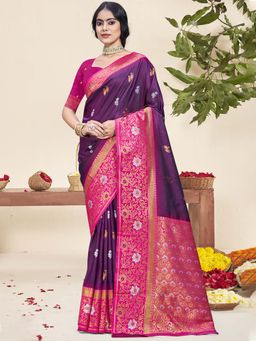 Sangam Prints - Wine Silk Floral Woven Work Traditional Saree with Unstitched Blouse