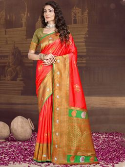 Sangam Prints - Red Silk Woven Zari Work Traditional Saree with Unstitched Blouse
