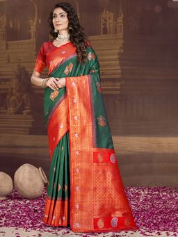 Sangam Prints - Bottle Green Silk Woven Zari Work Traditional Saree with Unstitched Blouse