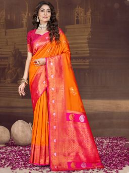 Sangam Prints - Orange Silk Woven Zari Work Traditional Saree with Unstitched Blouse