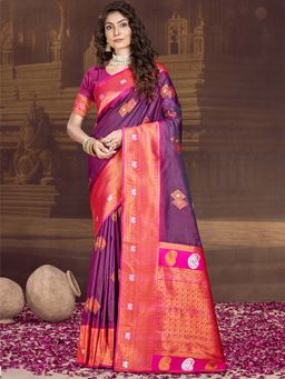 Sangam Prints - Wine Silk Woven Zari Work Traditional Saree with Unstitched Blouse