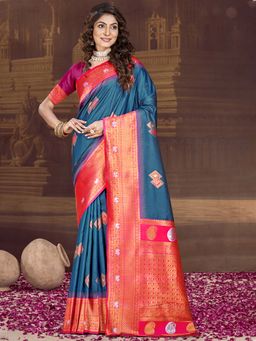 Sangam Prints - Navy Blue Silk Woven Zari Work Traditional Saree with Unstitched Blouse