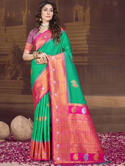 Sangam Prints - Teal Silk Woven Zari Work Traditional Saree with Unstitched Blouse