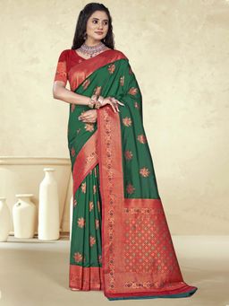 Sangam Prints - Dark Green Silk Floral Woven Work Traditional Saree with Unstitched Blouse