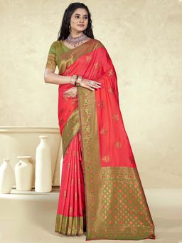 Sangam Prints - Pink Silk Floral Woven Work Traditional Saree with Unstitched Blouse
