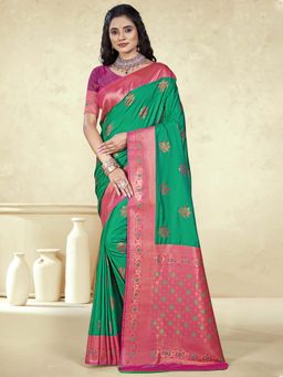 Sangam Prints - Green Silk Floral Woven Work Traditional Saree with Unstitched Blouse