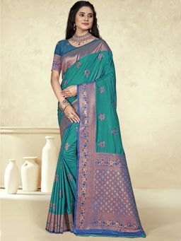 Sangam Prints - Teal Silk Floral Woven Work Traditional Saree with Unstitched Blouse