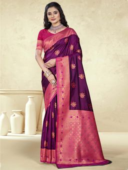 Sangam Prints - Wine Silk Floral Woven Work Traditional Saree with Unstitched Blouse