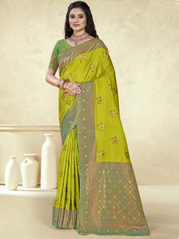 Sangam Prints - Light Green Silk Floral Woven Work Traditional Saree with Unstitched Blouse