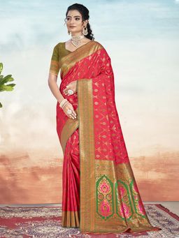 Sangam Prints - Dark Pink Silk Woven Work Traditional Saree with Unstitched Blouse