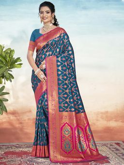 Sangam Prints - Navy Blue Silk Woven Work Traditional Saree with Unstitched Blouse