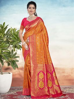 Sangam Prints - Orange Silk Woven Work Traditional Saree with Unstitched Blouse