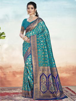 Sangam Prints - Sky Blue Silk Woven Work Traditional Saree with Unstitched Blouse