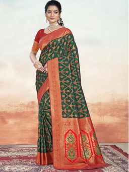 Sangam Prints - Bottle Green Silk Woven Work Traditional Saree with Unstitched Blouse