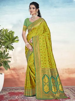 Sangam Prints - Parrot Green Silk Woven Work Traditional Saree with Unstitched Blouse
