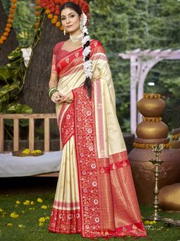 Sangam Prints - Cream Silk Floral Woven Traditional Saree with Unstitched Blouse