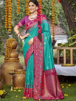 Sangam Prints - Sky Blue Silk Floral Woven Traditional Saree with Unstitched Blouse