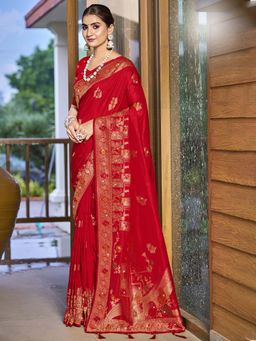 Sangam Prints - Red Silk Woven Work Traditional Saree with Unstitched Blouse